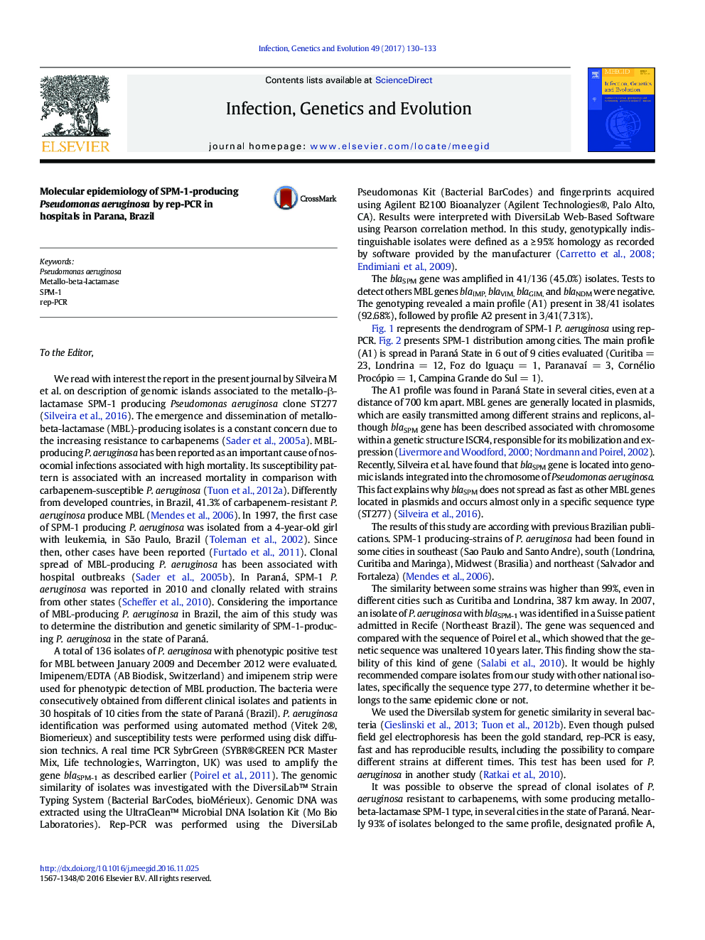 Molecular epidemiology of SPM-1-producing Pseudomonas aeruginosa by rep-PCR in hospitals in Parana, Brazil