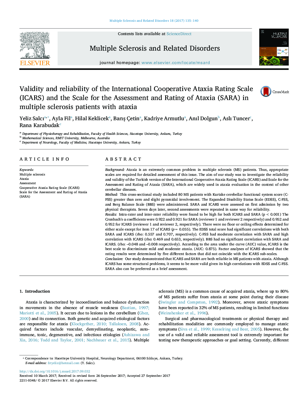 Validity and reliability of the International Cooperative Ataxia Rating Scale (ICARS) and the Scale for the Assessment and Rating of Ataxia (SARA) in multiple sclerosis patients with ataxia