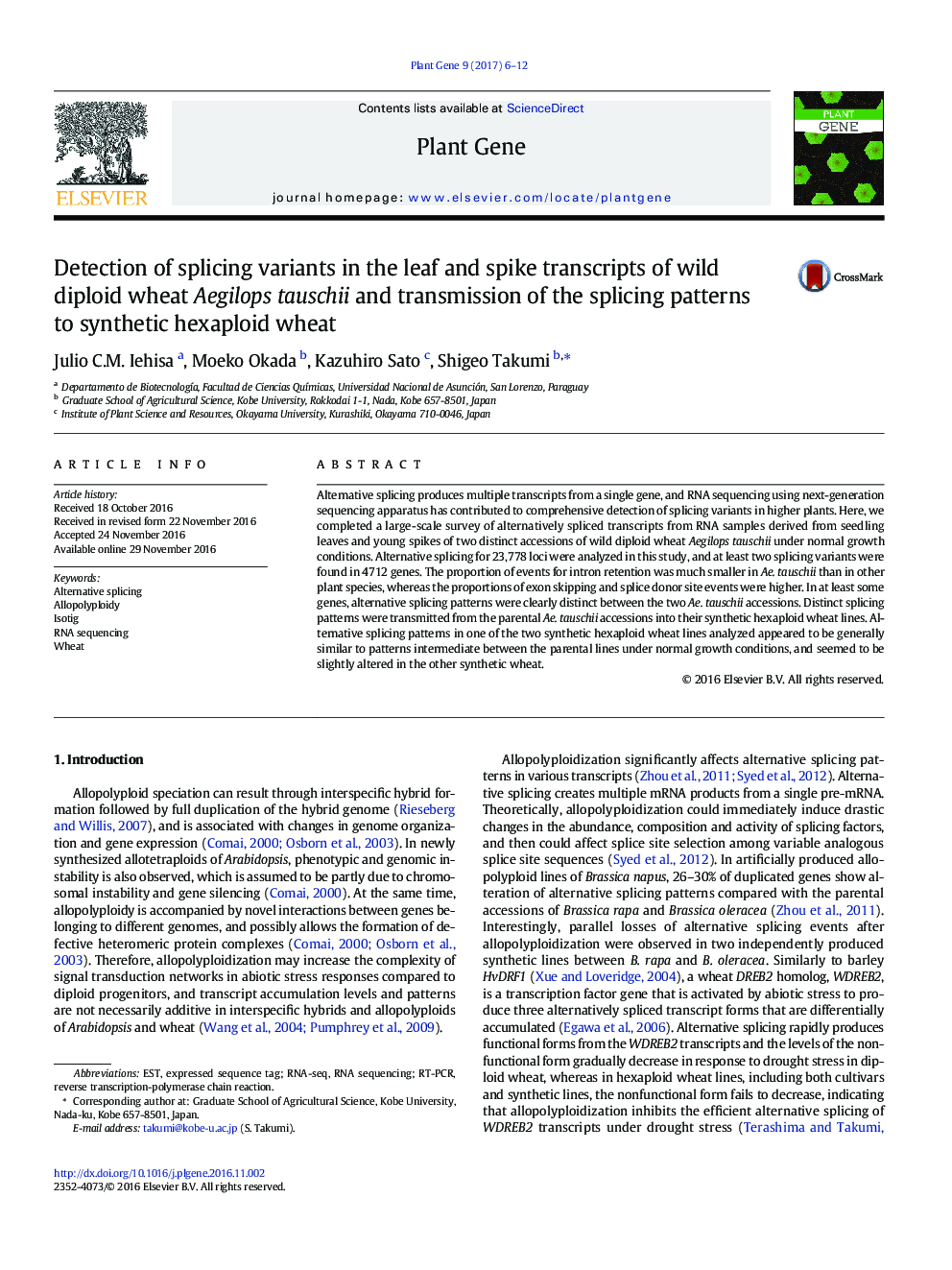 Detection of splicing variants in the leaf and spike transcripts of wild diploid wheat Aegilops tauschii and transmission of the splicing patterns to synthetic hexaploid wheat