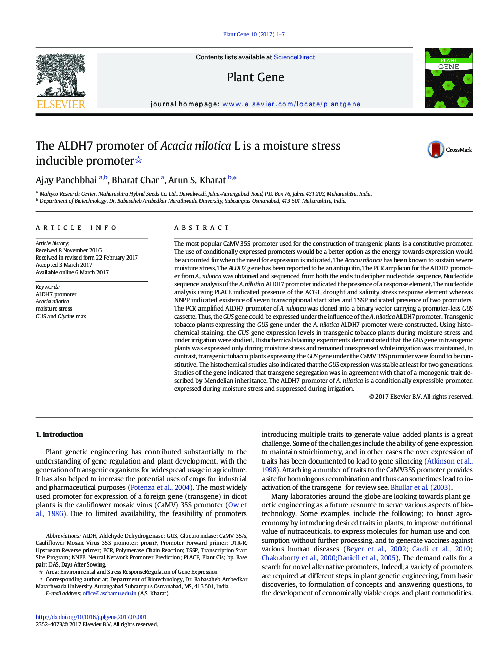 The ALDH7 promoter of Acacia nilotica L is a moisture stress inducible promoter