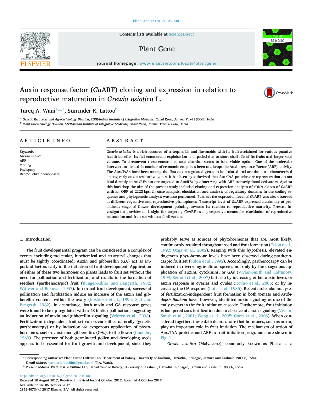 Auxin response factor (GaARF) cloning and expression in relation to reproductive maturation in Grewia asiatica L.