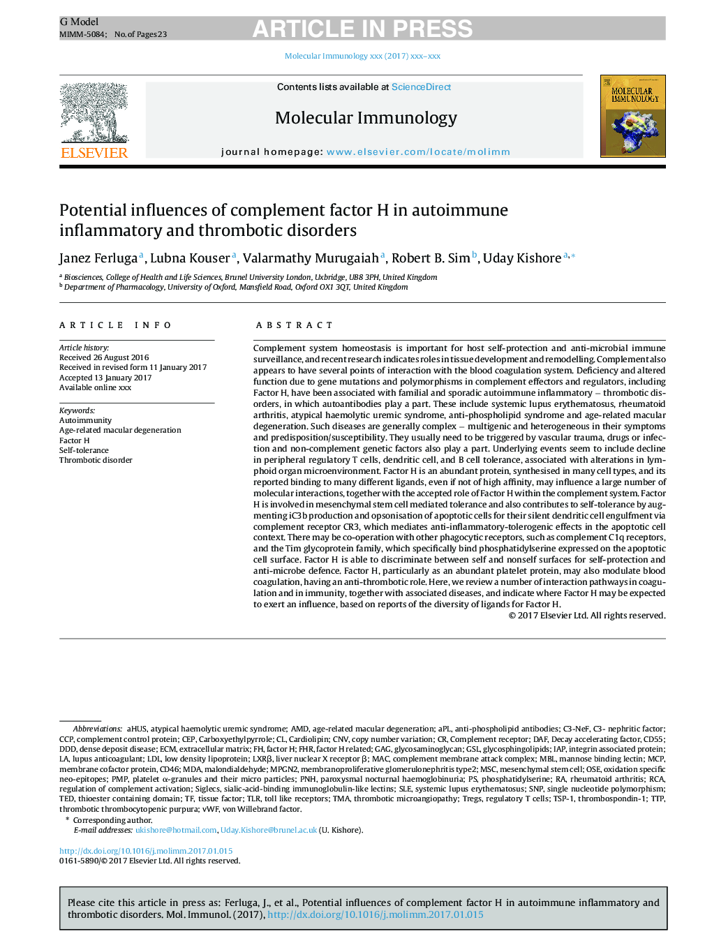 Potential influences of complement factor H in autoimmune inflammatory and thrombotic disorders