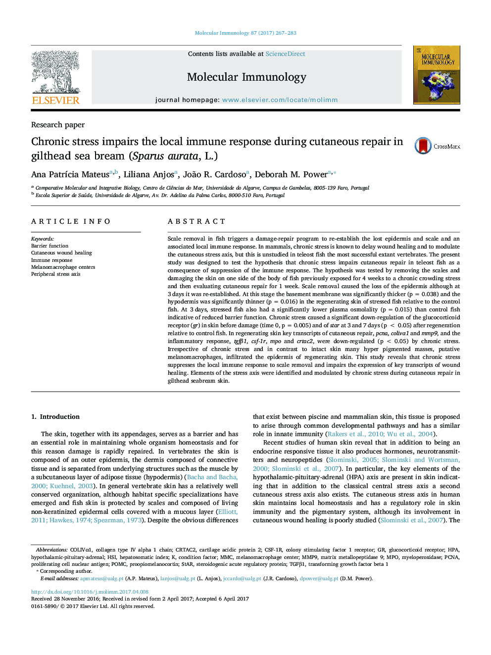 Chronic stress impairs the local immune response during cutaneous repair in gilthead sea bream (Sparus aurata, L.)