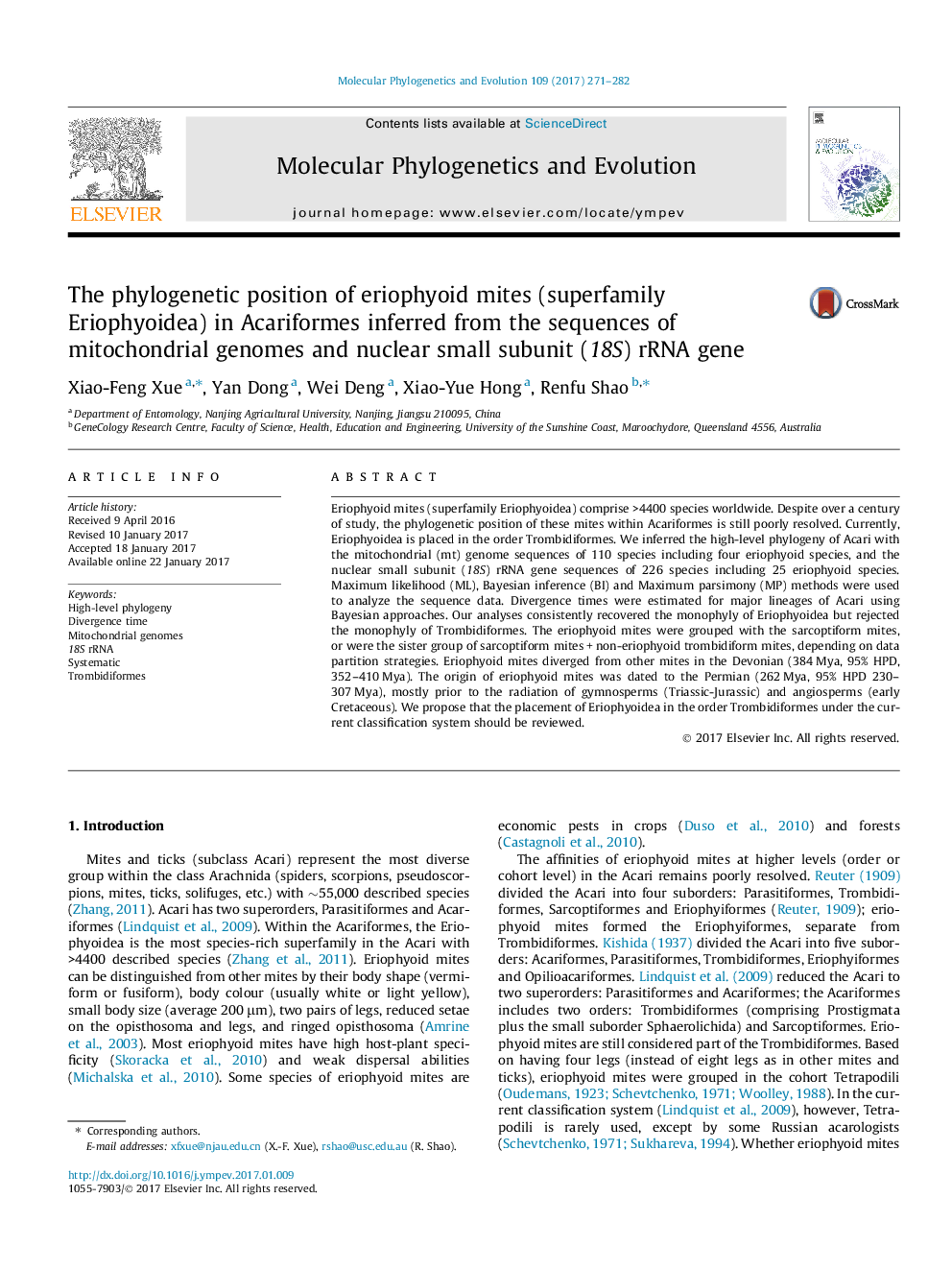 The phylogenetic position of eriophyoid mites (superfamily Eriophyoidea) in Acariformes inferred from the sequences of mitochondrial genomes and nuclear small subunit (18S) rRNA gene