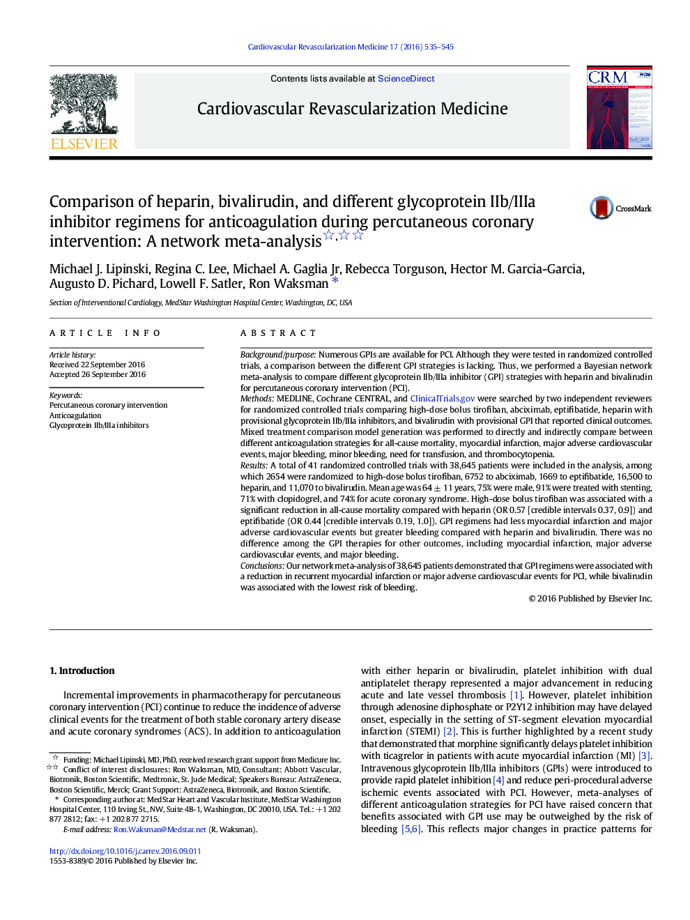 ClinicalComparison of heparin, bivalirudin, and different glycoprotein IIb/IIIa inhibitor regimens for anticoagulation during percutaneous coronary intervention: A network meta-analysis