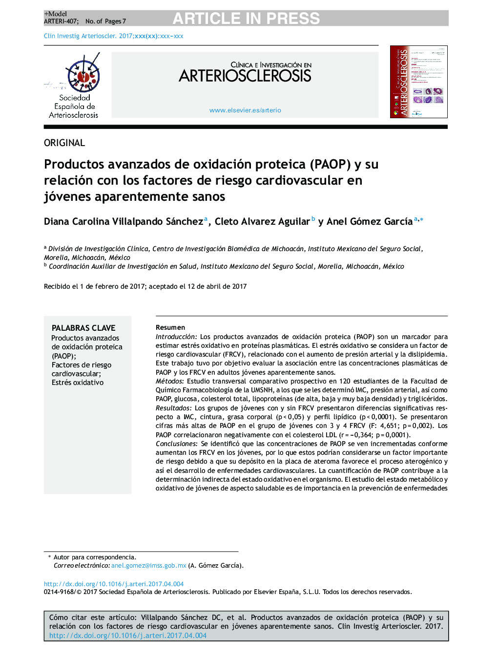 Productos avanzados de oxidación proteica (PAOP) y su relación con los factores de riesgo cardiovascular en jóvenes aparentemente sanos