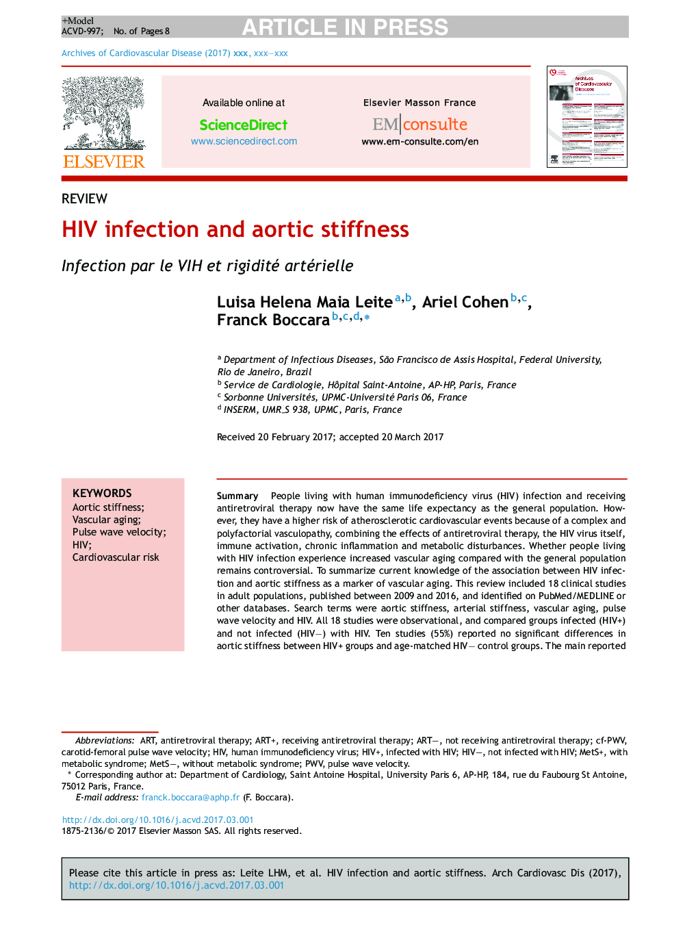 HIV infection and aortic stiffness