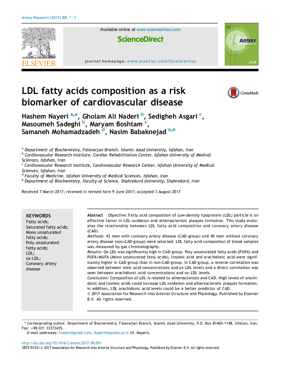 LDL fatty acids composition as a risk biomarker of cardiovascular disease