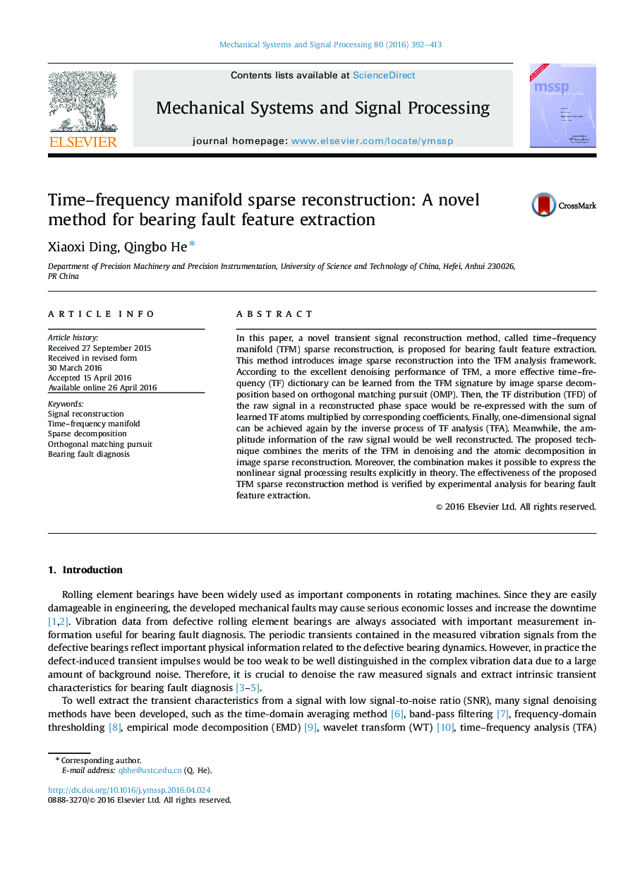 Time–frequency manifold sparse reconstruction: A novel method for bearing fault feature extraction