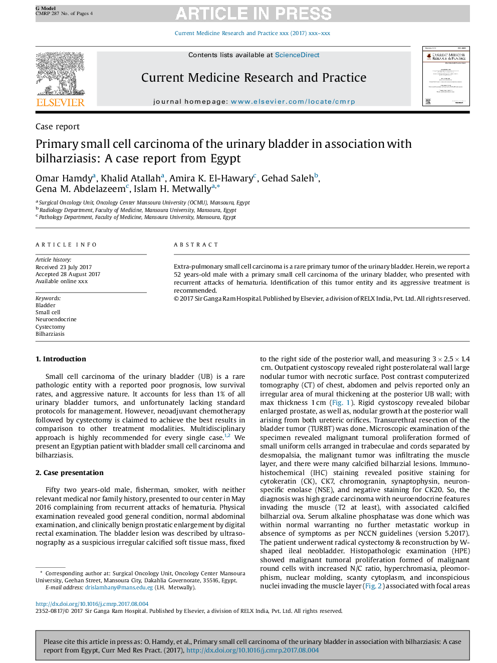 Primary small cell carcinoma of the urinary bladder in association with bilharziasis: A case report from Egypt