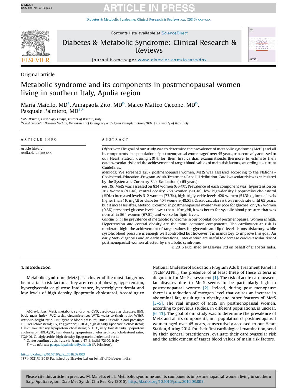 Metabolic syndrome and its components in postmenopausal women living in southern Italy, Apulia region