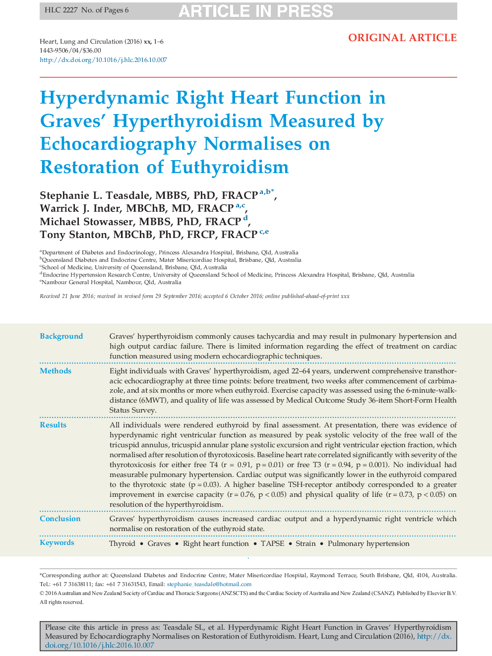 Hyperdynamic Right Heart Function in Graves' Hyperthyroidism Measured by Echocardiography Normalises on Restoration of Euthyroidism