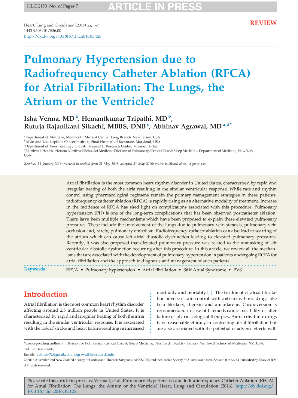 Pulmonary Hypertension due to Radiofrequency Catheter Ablation (RFCA) for Atrial Fibrillation: The Lungs, the Atrium or the Ventricle?