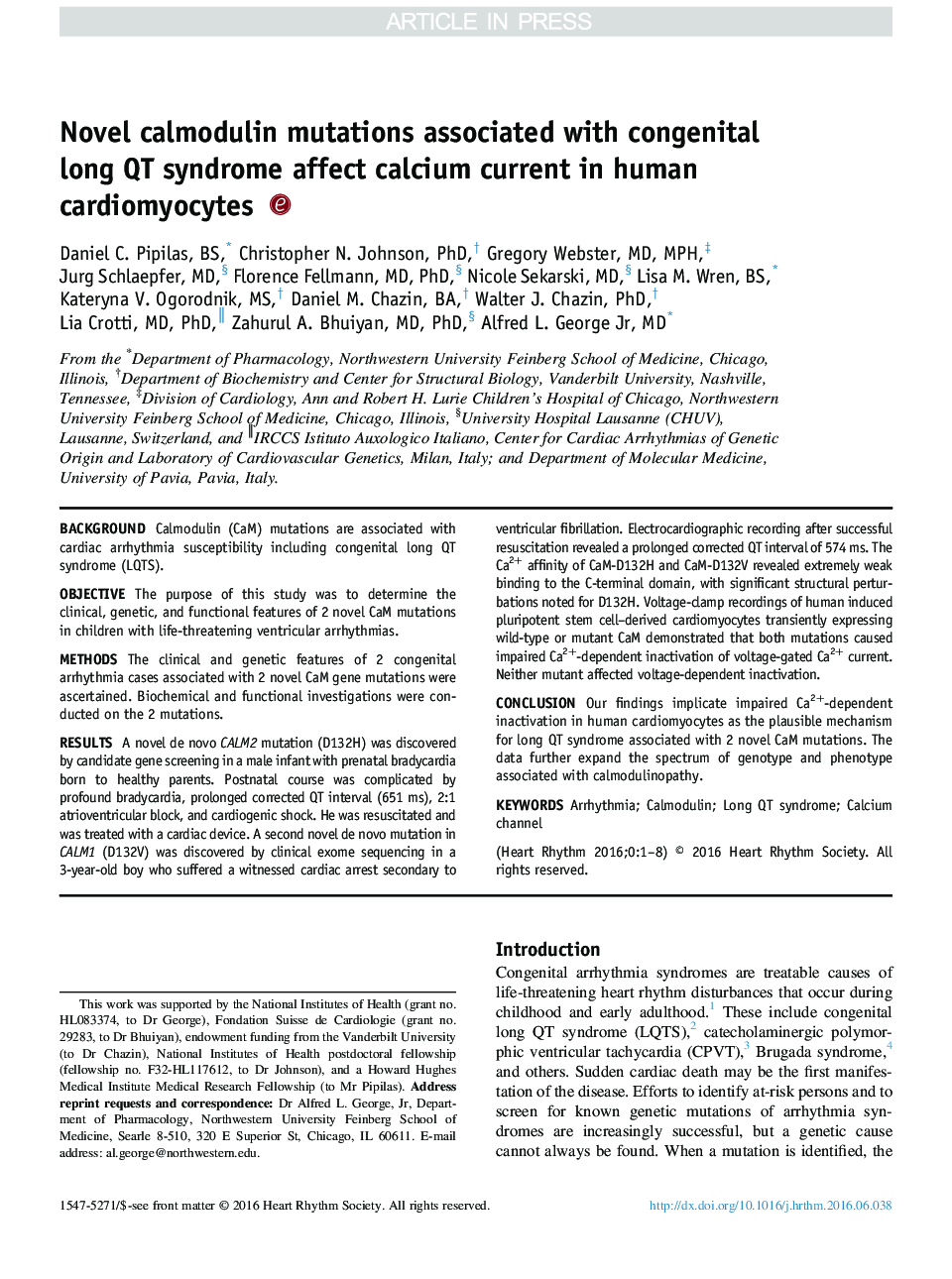 Novel calmodulin mutations associated with congenital long QT syndrome affect calcium current in human cardiomyocytes