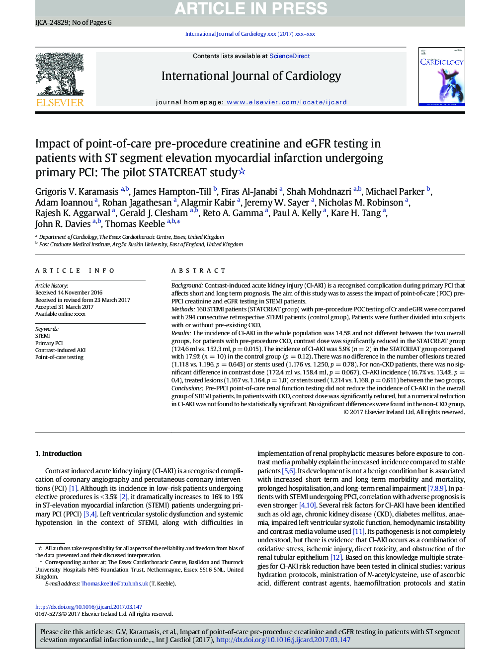Impact of point-of-care pre-procedure creatinine and eGFR testing in patients with ST segment elevation myocardial infarction undergoing primary PCI: The pilot STATCREAT study