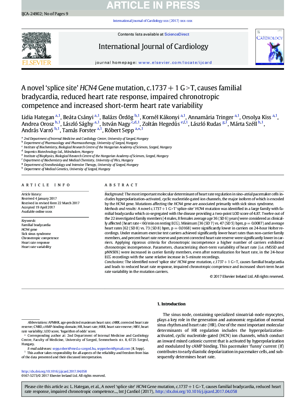 A novel 'splice site' HCN4 Gene mutation, c.1737Â +Â 1 GÂ >Â T, causes familial bradycardia, reduced heart rate response, impaired chronotropic competence and increased short-term heart rate variability