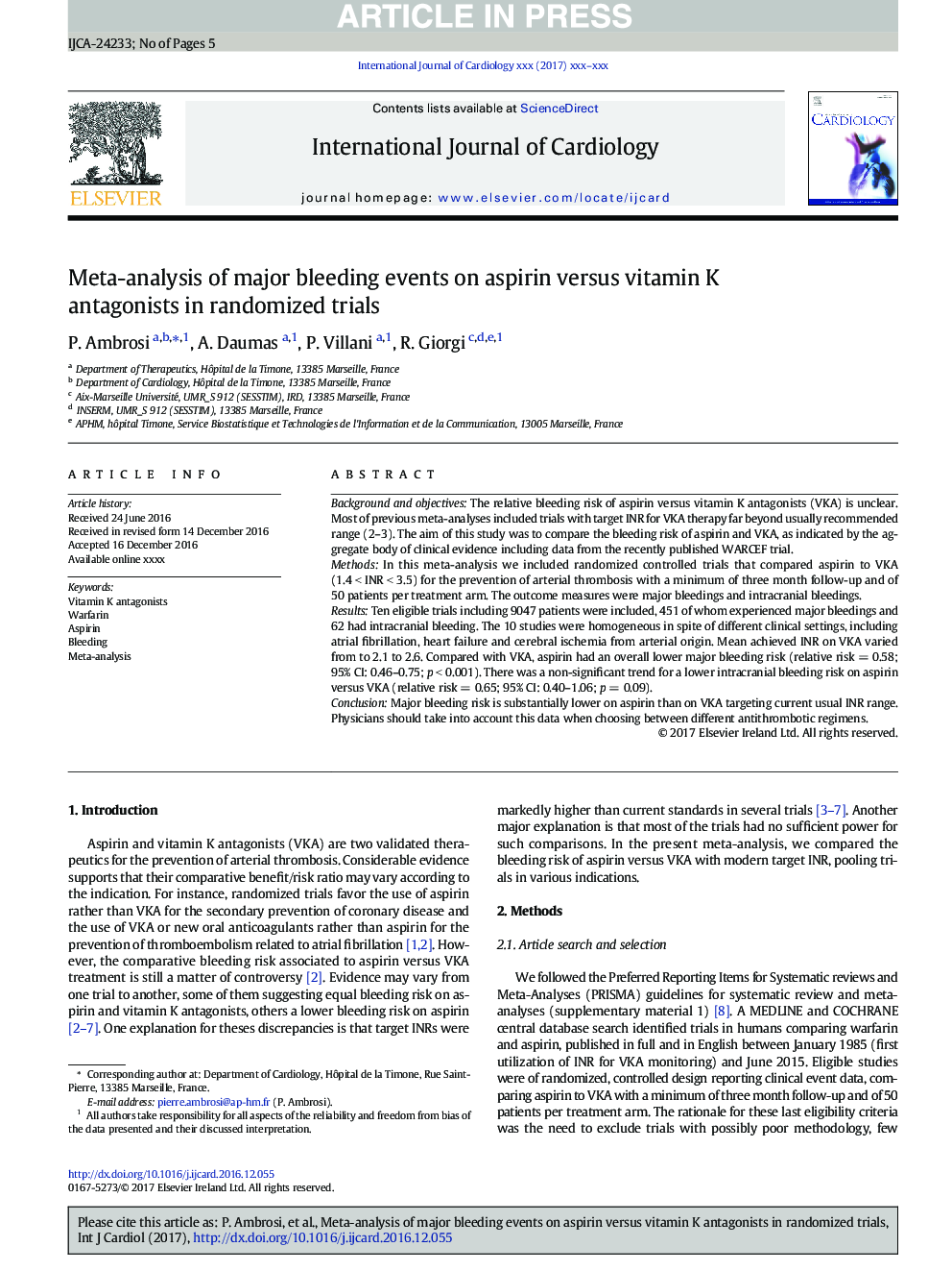 Meta-analysis of major bleeding events on aspirin versus vitamin K antagonists in randomized trials