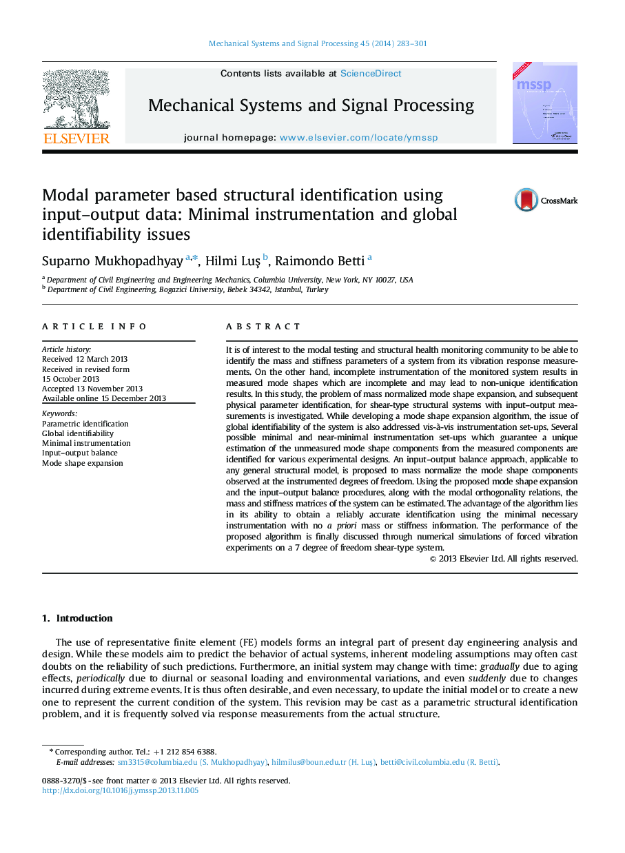 Modal parameter based structural identification using input–output data: Minimal instrumentation and global identifiability issues