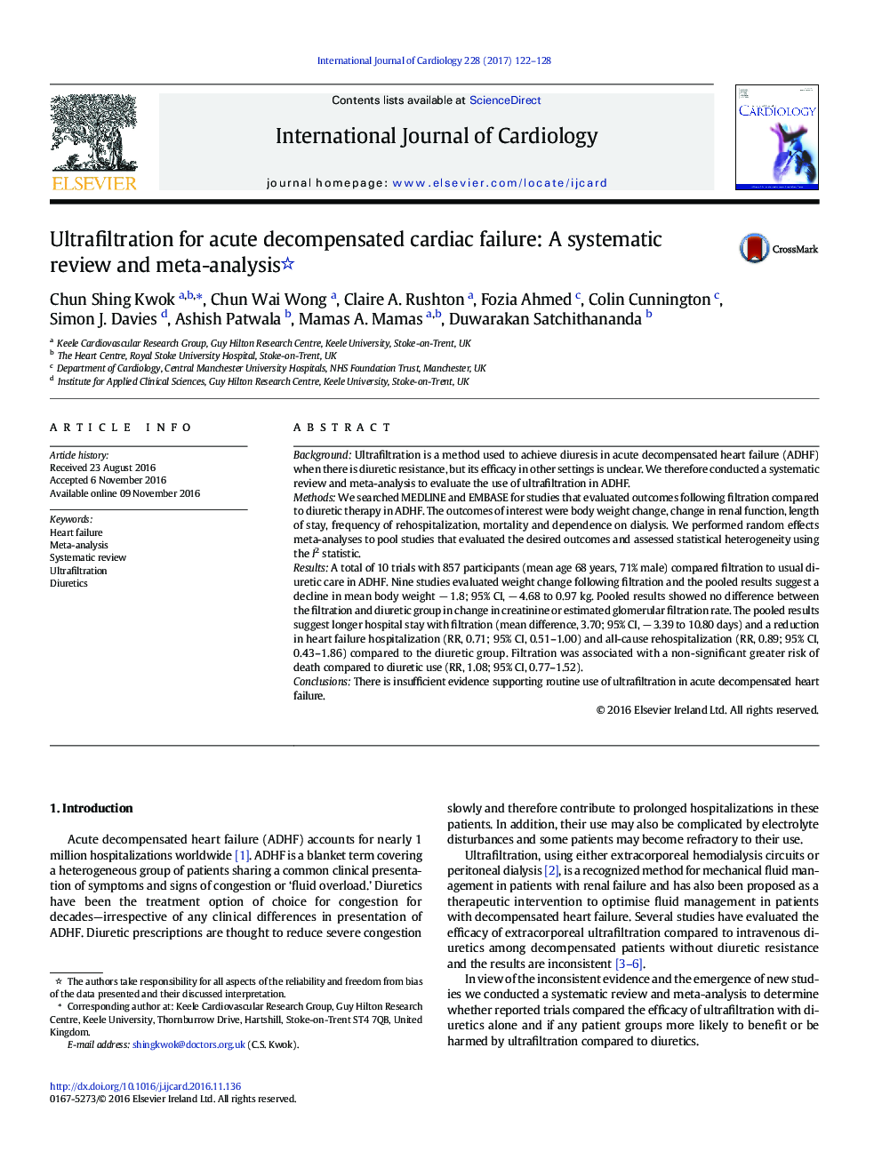 Ultrafiltration for acute decompensated cardiac failure: A systematic review and meta-analysis