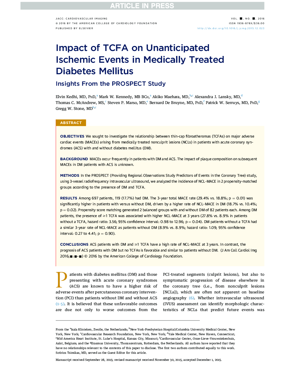 Impact of TCFA on Unanticipated IschemicÂ Events in Medically Treated Diabetes Mellitus