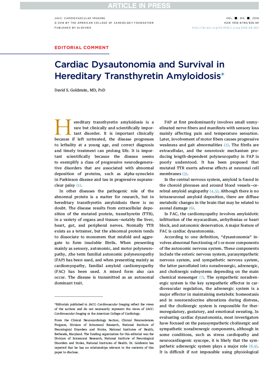 Cardiac Dysautonomia and Survival in Hereditary Transthyretin Amyloidosisâ