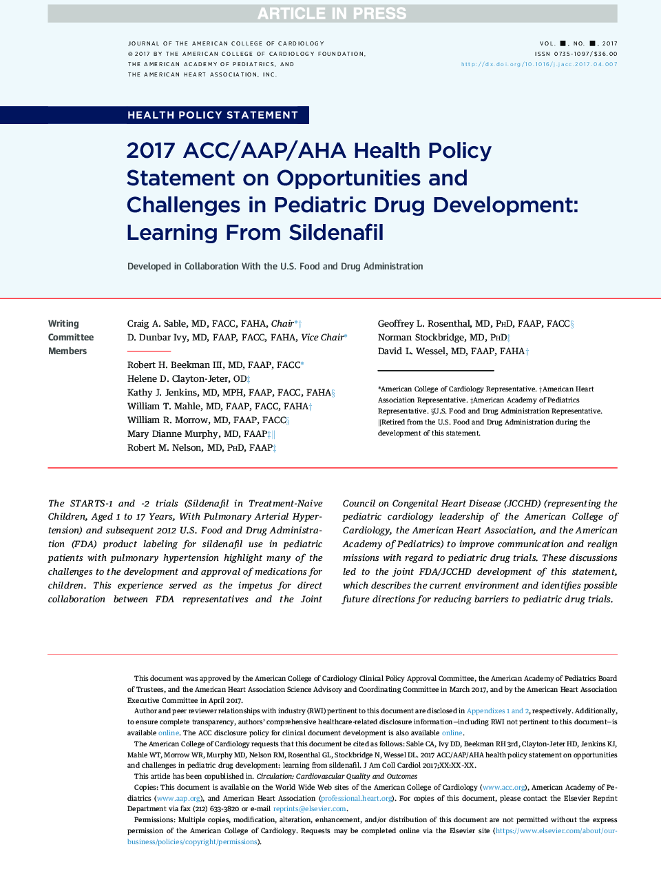 2017 ACC/AAP/AHA Health Policy Statement on Opportunities and Challenges in Pediatric Drug Development: Learning From Sildenafil