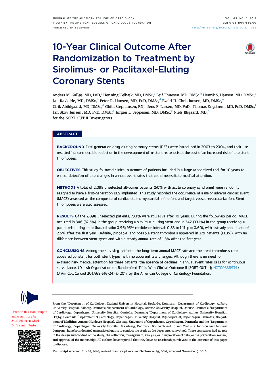 10-Year Clinical Outcome After Randomization to Treatment by Sirolimus-Â or Paclitaxel-Eluting CoronaryÂ Stents