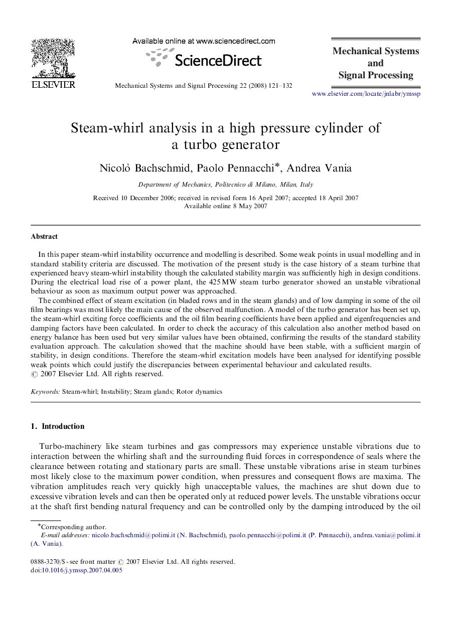 Steam-whirl analysis in a high pressure cylinder of a turbo generator