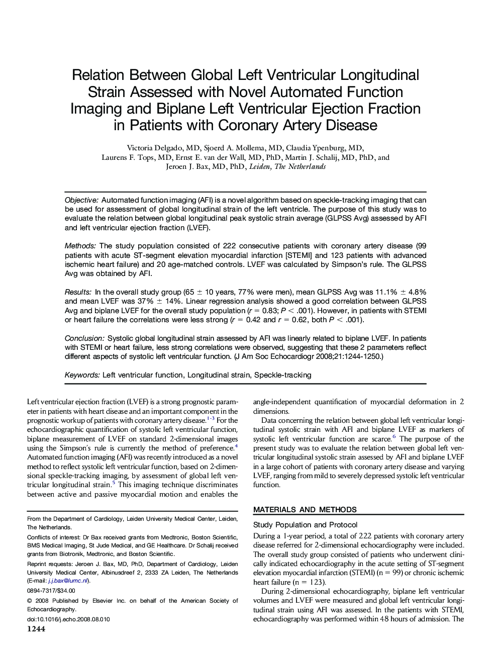 Relation Between Global Left Ventricular Longitudinal Strain Assessed with Novel Automated Function Imaging and Biplane Left Ventricular Ejection Fraction in Patients with Coronary Artery Disease