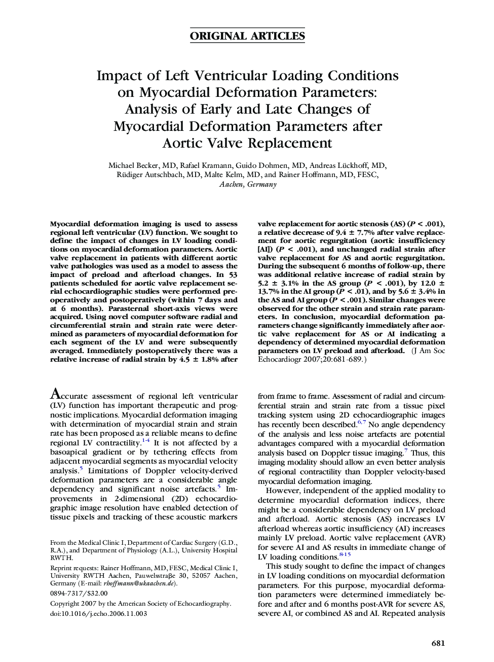 Impact of Left Ventricular Loading Conditions on Myocardial Deformation Parameters: Analysis of Early and Late Changes of Myocardial Deformation Parameters after Aortic Valve Replacement