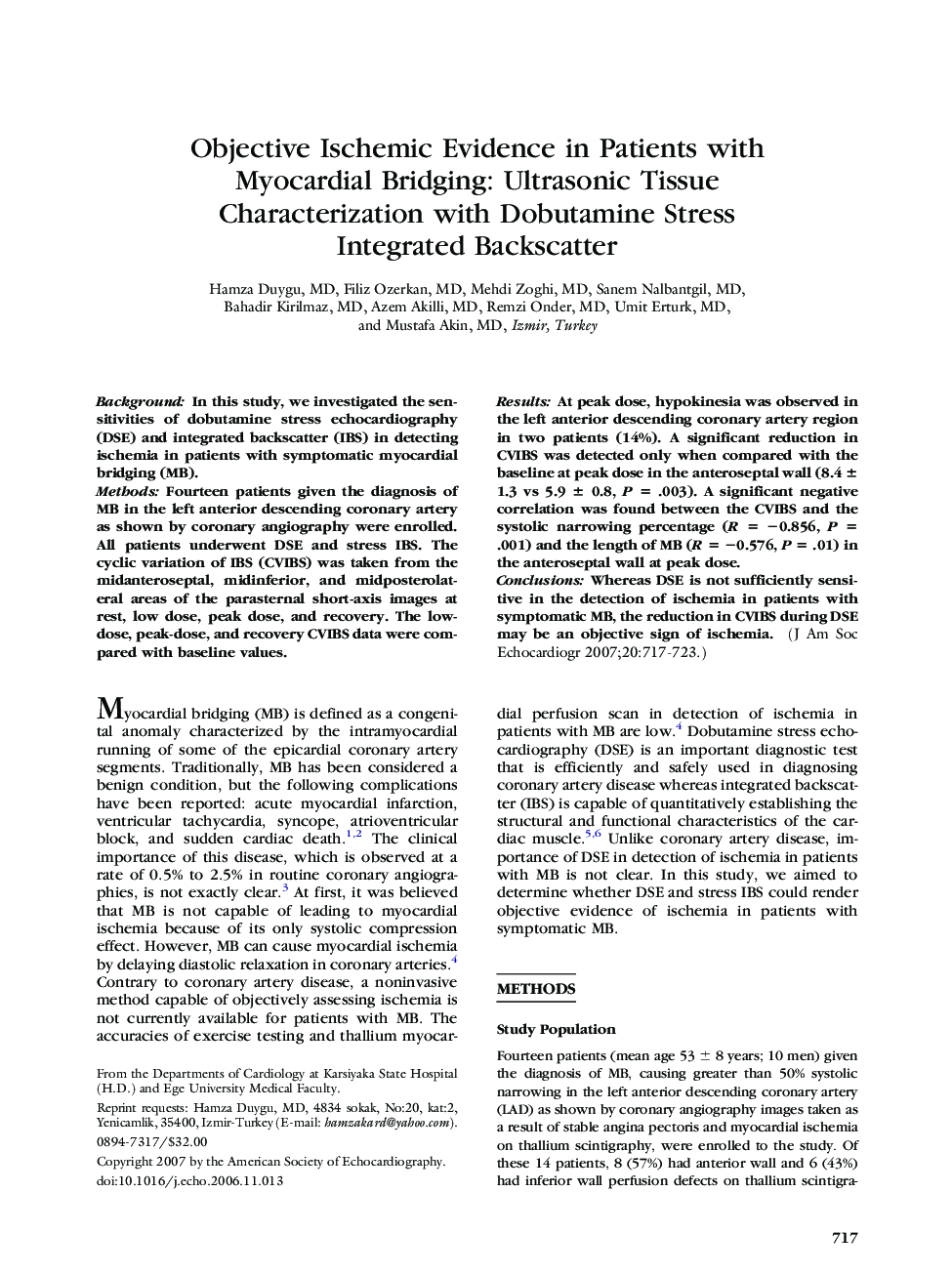 Objective Ischemic Evidence in Patients with Myocardial Bridging: Ultrasonic Tissue Characterization with Dobutamine Stress Integrated Backscatter