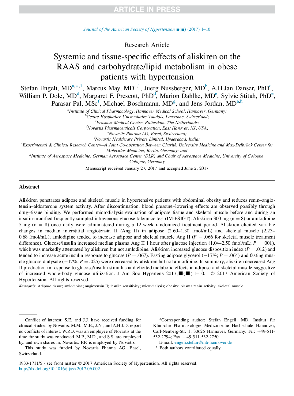 Systemic and tissue-specific effects of aliskiren on the RAAS and carbohydrate/lipid metabolism in obese patients with hypertension