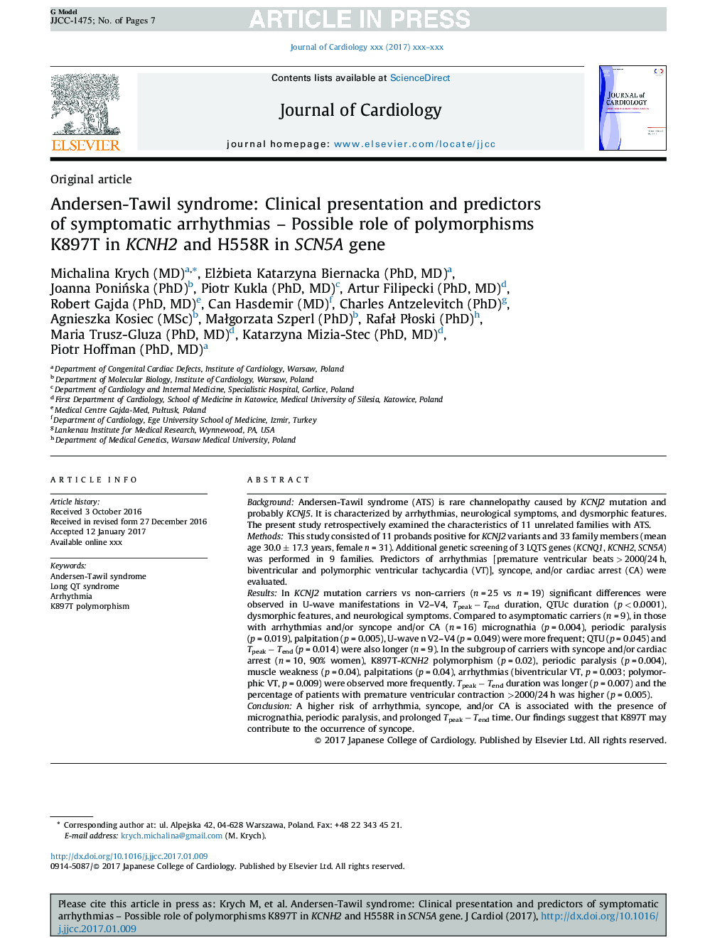 Andersen-Tawil syndrome: Clinical presentation and predictors of symptomatic arrhythmias - Possible role of polymorphisms K897T in KCNH2 and H558R in SCN5A gene