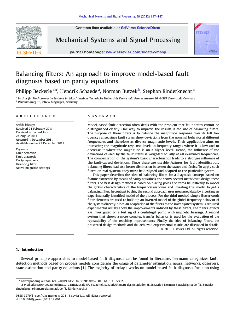 Balancing filters: An approach to improve model-based fault diagnosis based on parity equations