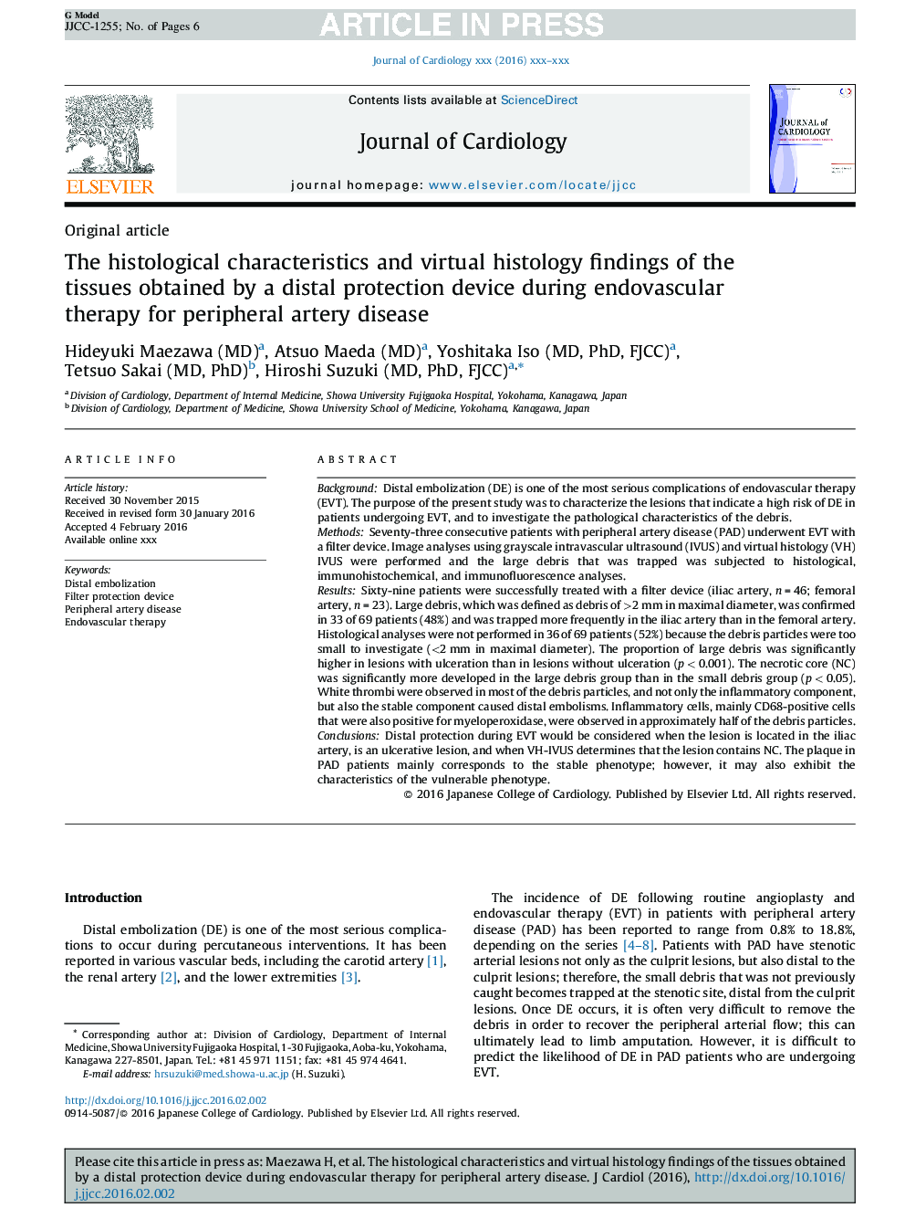 The histological characteristics and virtual histology findings of the tissues obtained by a distal protection device during endovascular therapy for peripheral artery disease