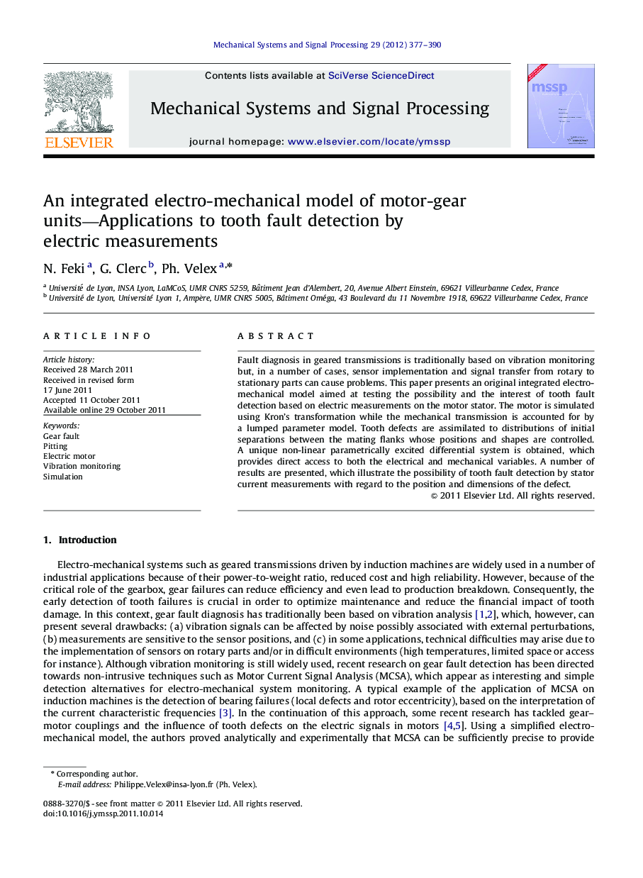 An integrated electro-mechanical model of motor-gear units—Applications to tooth fault detection by electric measurements