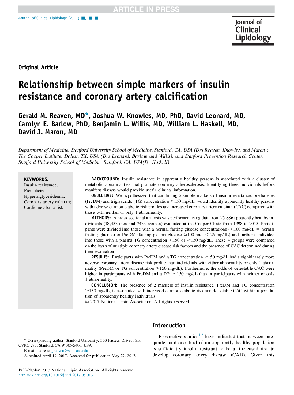 ارتباط بین نشانگرهای ساده مقاومت به انسولین و کلسیفیکاسیون عروق کرونر 