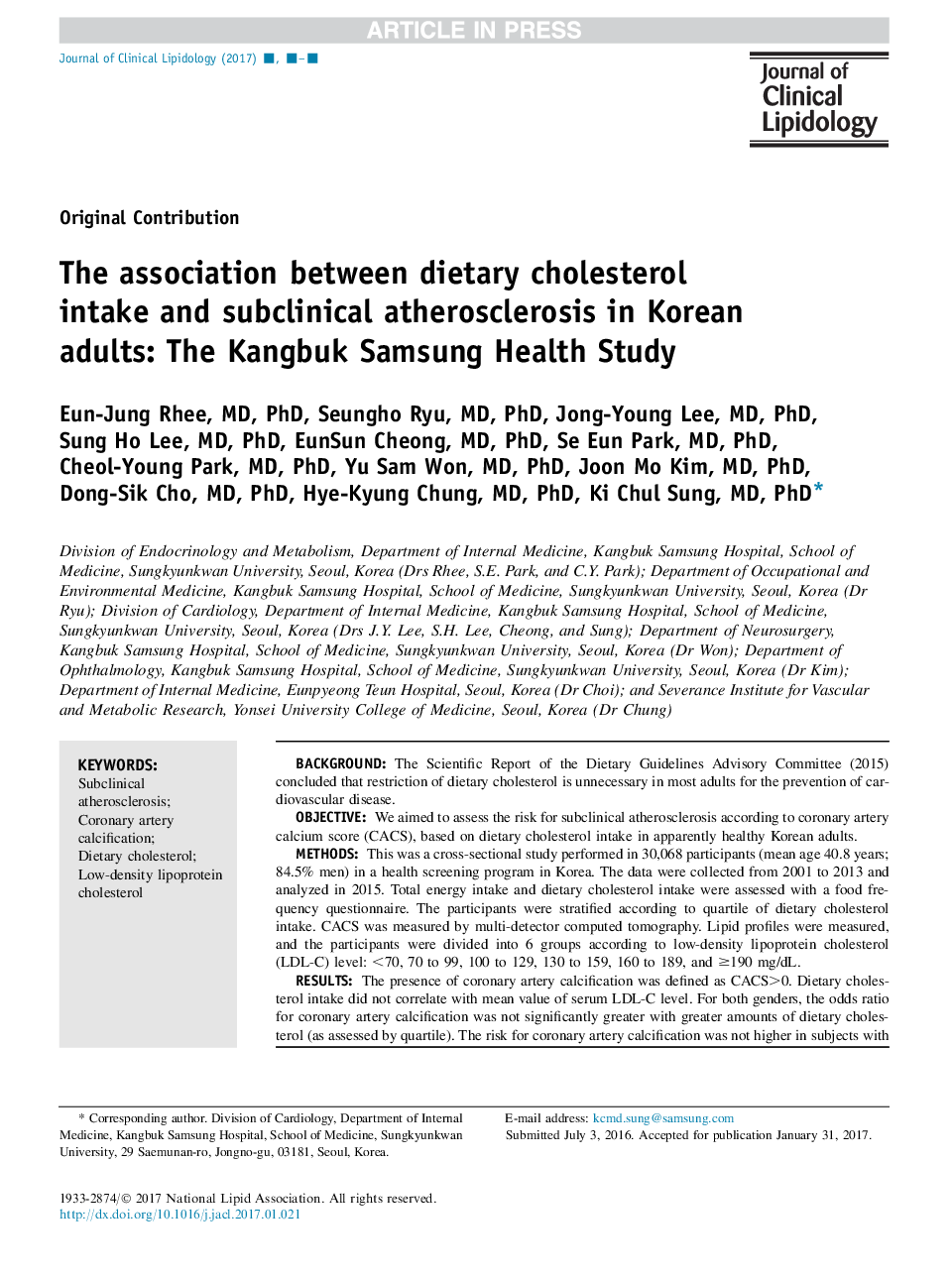 The association between dietary cholesterol intake and subclinical atherosclerosis in Korean adults: The Kangbuk Samsung Health Study