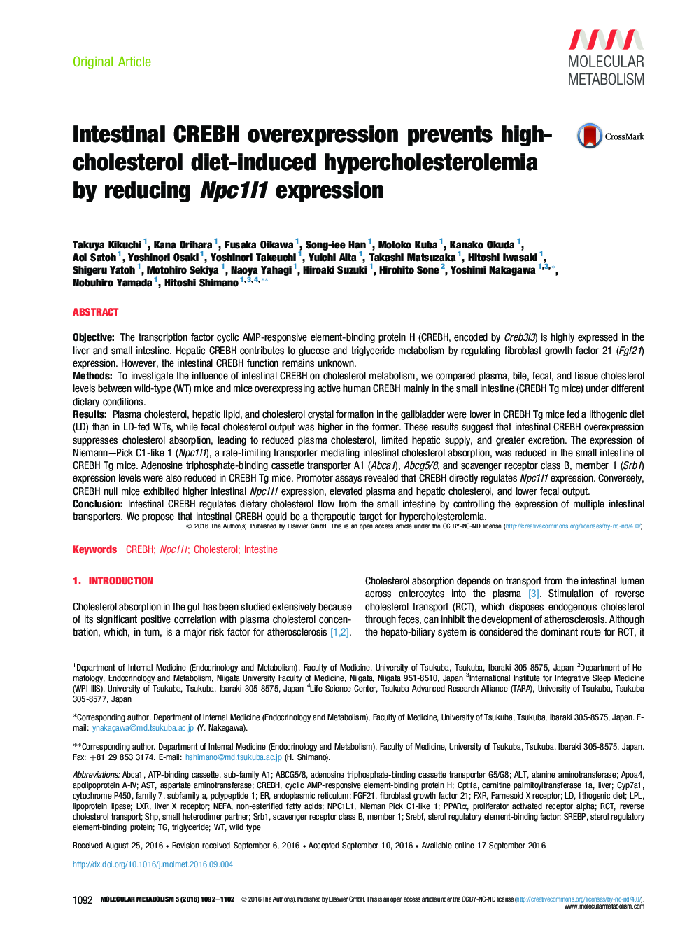 Intestinal CREBH overexpression prevents high-cholesterol diet-induced hypercholesterolemia by reducing Npc1l1 expression