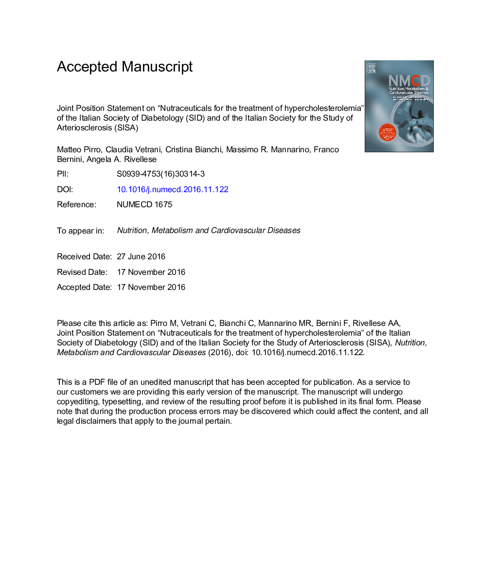 Joint position statement on “Nutraceuticals for the treatment of hypercholesterolemia” of the Italian Society of Diabetology (SID) and of the Italian Society for the Study of Arteriosclerosis (SISA)