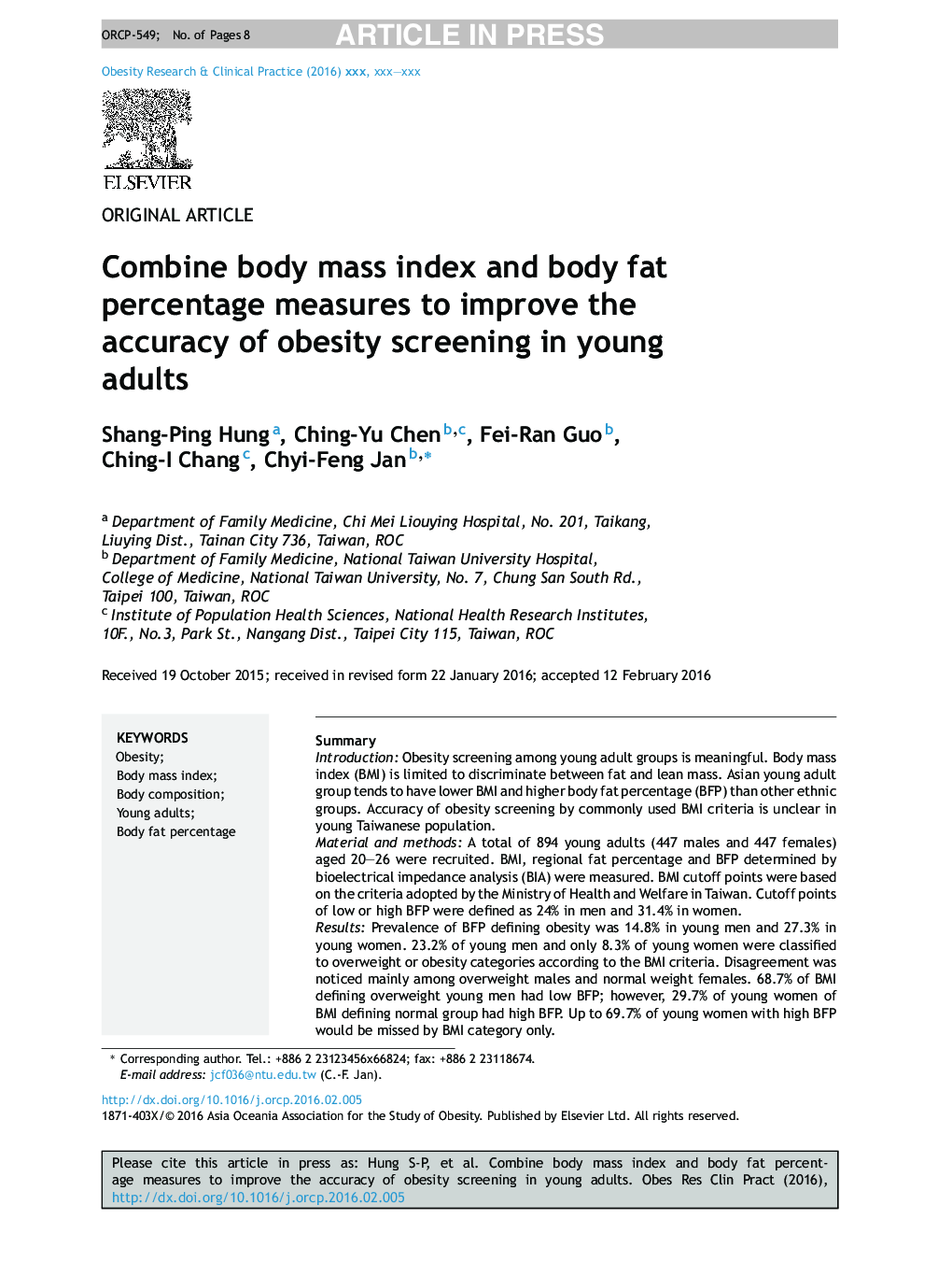 ترکیبی از شاخص توده بدن و درصد چربی بدن برای بهبود دقت غربالگری چاقی در بزرگسالان جوان است 