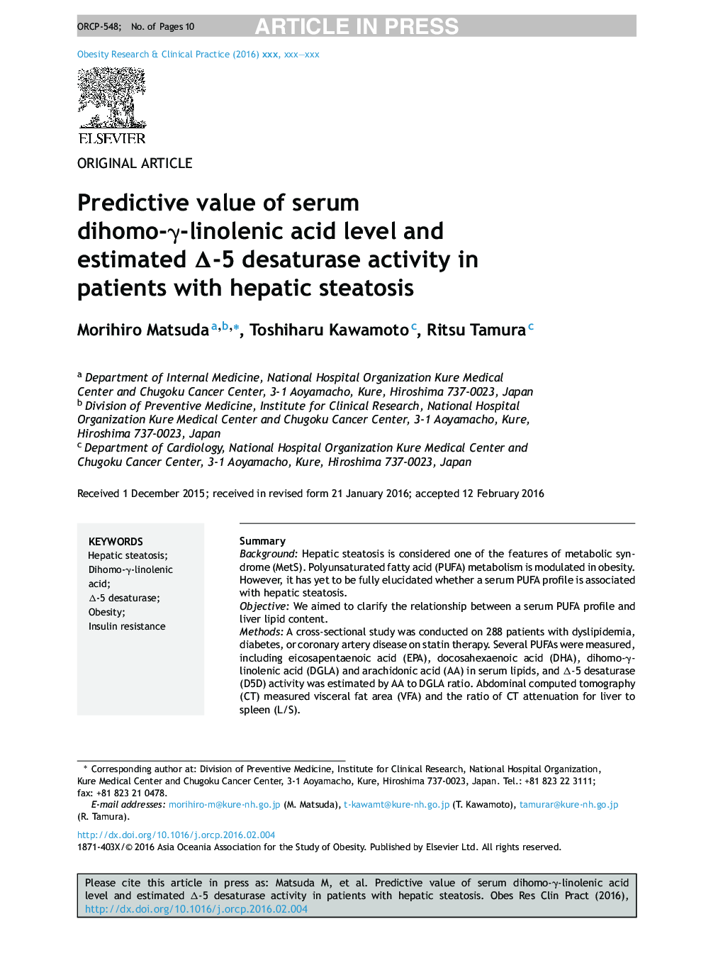 Predictive value of serum dihomo-Î³-linolenic acid level and estimated Î-5 desaturase activity in patients with hepatic steatosis