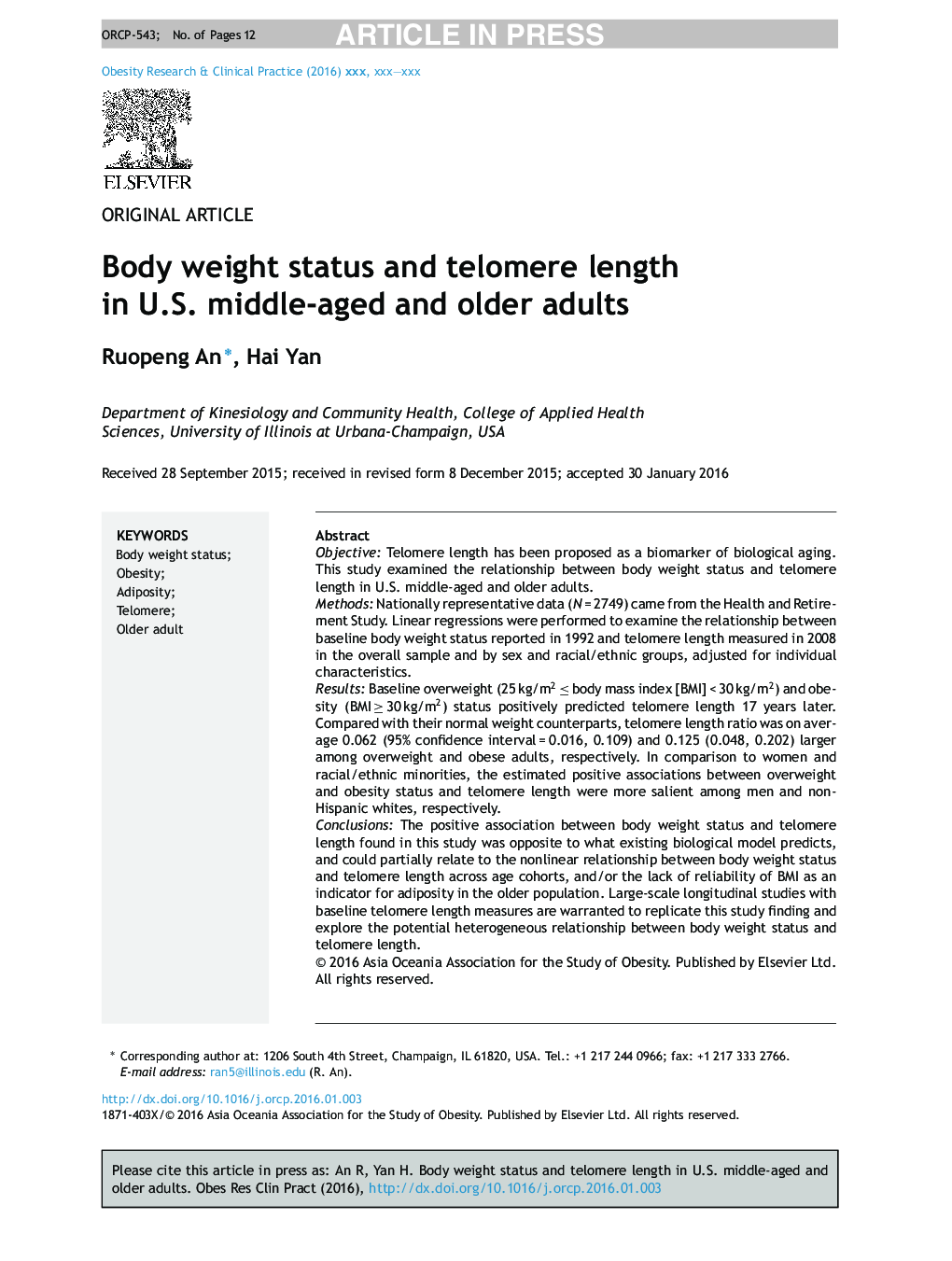 وضعیت وزن بدن و طول تلومر در بزرگسالان متوسط ​​و سالمند ایالات متحده 