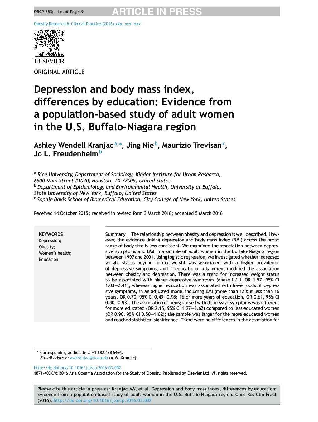 افسردگی و شاخص توده بدنی، تفاوت های تحصیلی: شواهد حاصل از مطالعات جمعیتی زنان بالغ در منطقه بوفالو نیجریه ایالات متحده 