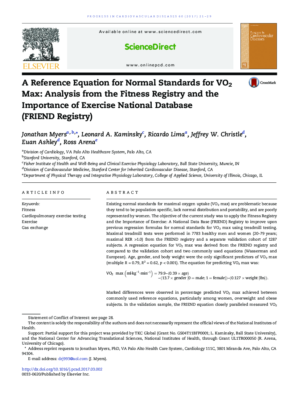 A Reference Equation for Normal Standards for VO2 Max: Analysis from the Fitness Registry and the Importance of Exercise National Database (FRIEND Registry)