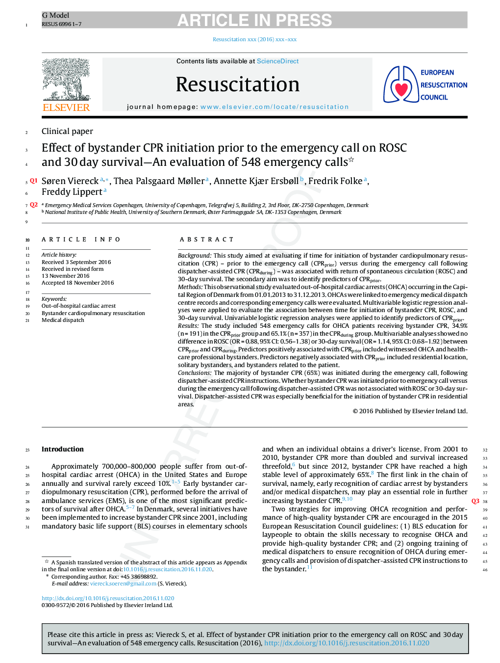Effect of bystander CPR initiation prior to the emergency call on ROSC and 30Â day survival-An evaluation of 548 emergency calls