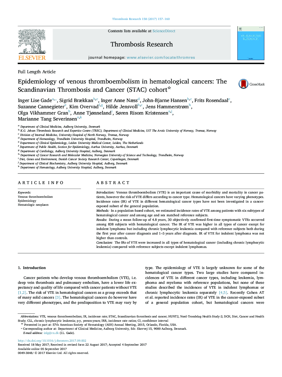 Full Length ArticleEpidemiology of venous thromboembolism in hematological cancers: The Scandinavian Thrombosis and Cancer (STAC) cohort