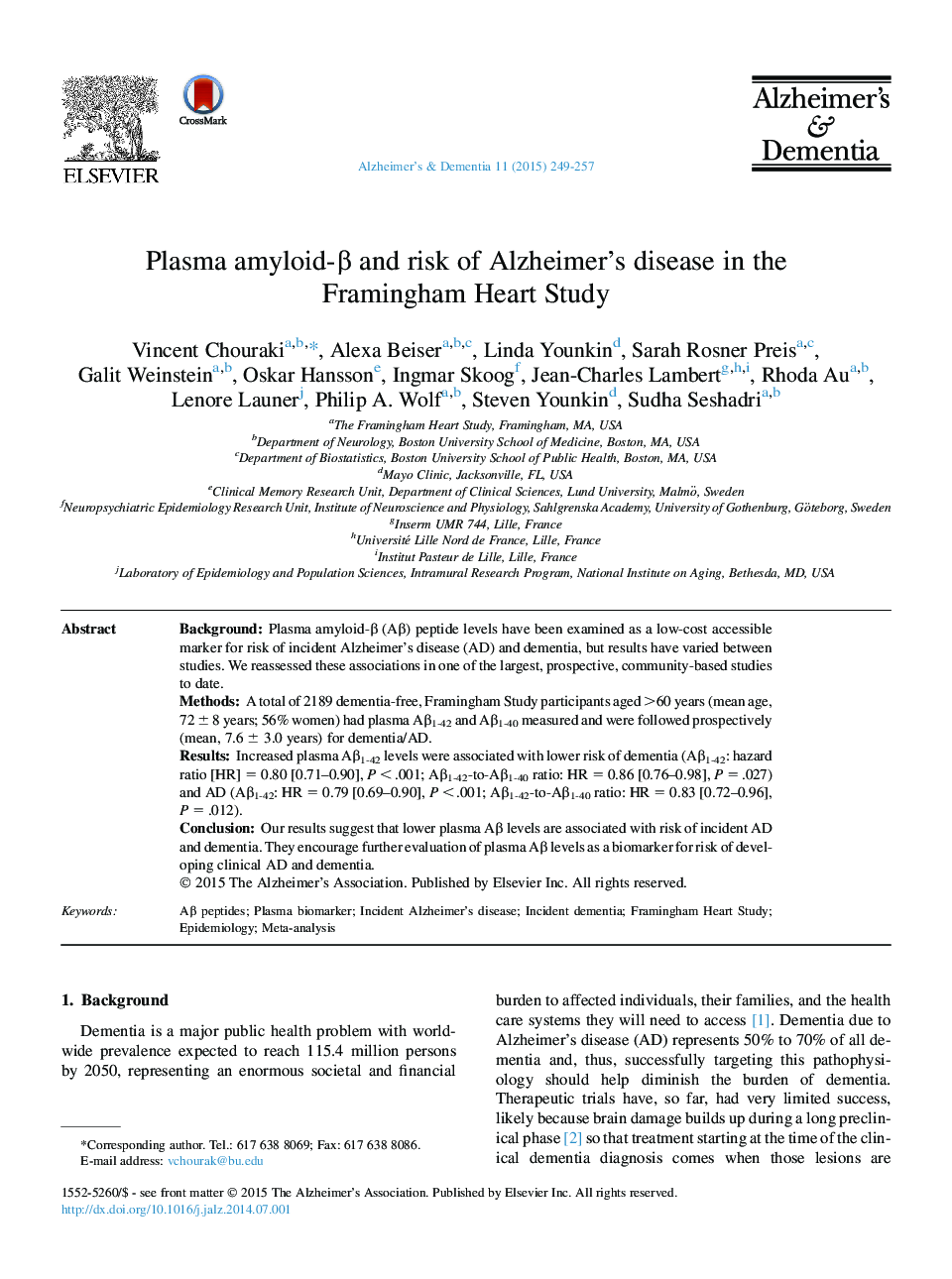 Featured ArticlePlasma amyloid-Î² and risk of Alzheimer's disease in the Framingham Heart Study