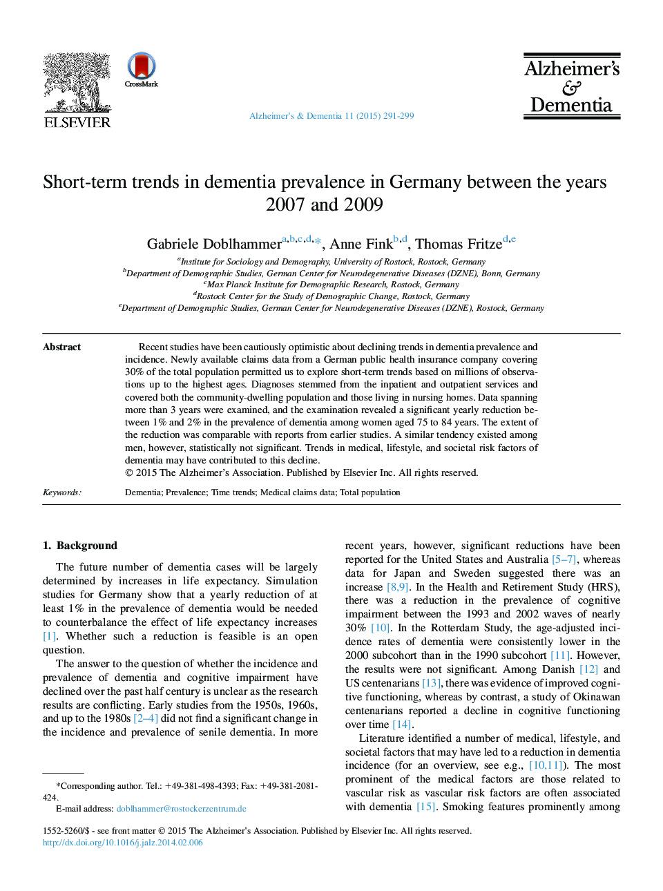 روند کوتاه مدت شیوع کم خونی در آلمان بین سال های 2007 و 2009 