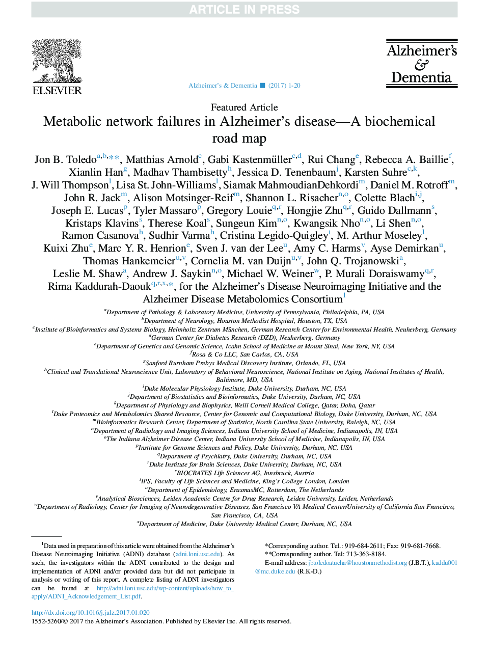 Metabolic network failures in Alzheimer's disease: A biochemical roadÂ map